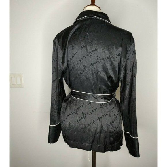 Victoria's Secret Pajama Set Black Satin sz S Top+ Short Wrap Kimono Robe Logo - Picture 4 of 11